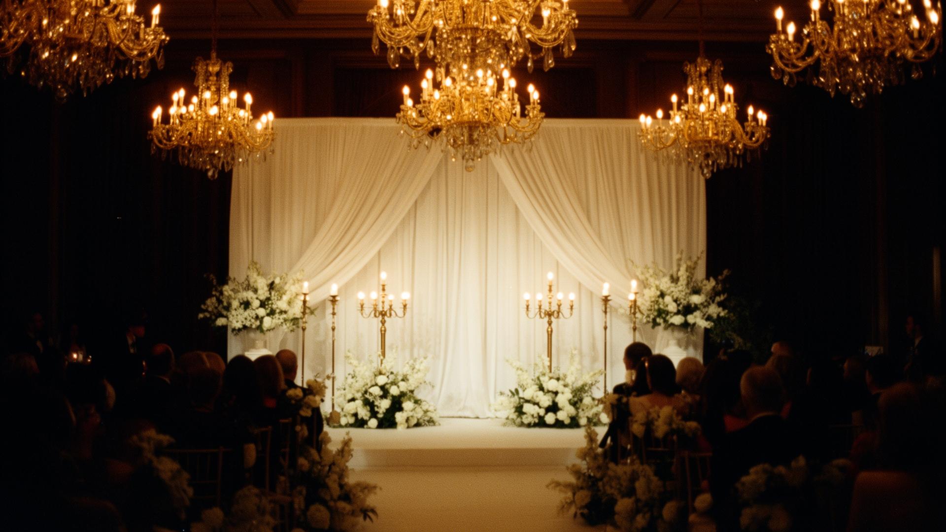 Elegant wedding ceremony with golden chandeliers
